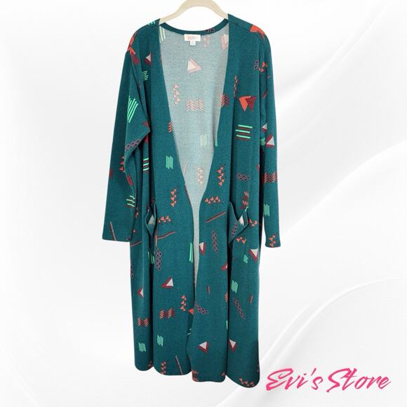 LuLaRoe SarahTeal Abstract Shapes Duster Cardigan Long Sleeve 2 Pockets Sz XL - Picture 1 of 12